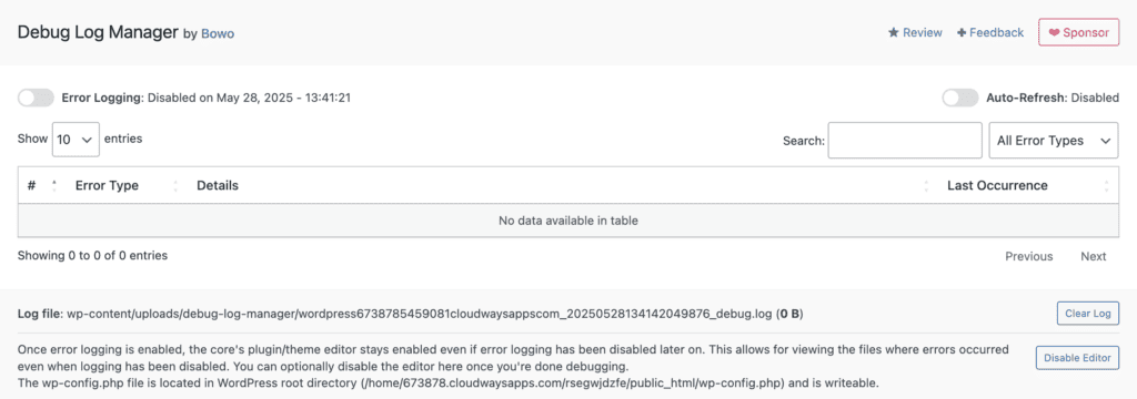 Debug Log Manager interface